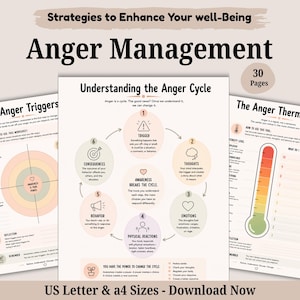 May include: A set of three printable worksheets titled Strategies to Enhance Your well-Being Anger Management. The pages include My Anger Triggers, Understanding the Anger Cycle, and The Anger Thermometer, featuring circular diagrams, text, and a thermometer graphic.