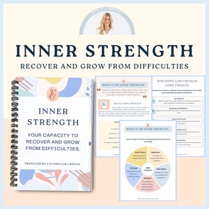 May include: A pink and blue notebook with the title "Inner Strength: Your Capacity to Recover and Grow from Difficulties." The notebook is open to a page with a quote about inner strength. The quote reads, "Strength doesn't come from what you can do. It comes from overcoming the things you once thought you couldn't."