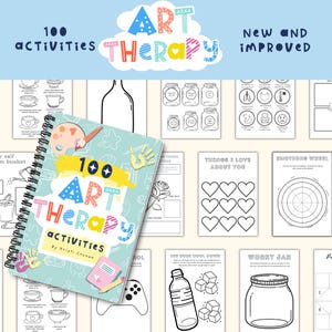 Puede incluir: Un libro encuadernado en espiral con una portada colorida que dice "100 Actividades de Arteterapia" por Kristi Cronen. La portada presenta un pincel, una huella de mano y una rosa. El libro est&aacute; rodeado de im&aacute;genes en blanco y negro de actividades de arteterapia.