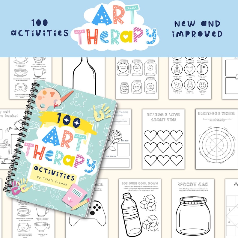 Puede incluir: Un libro encuadernado en espiral con una portada colorida que dice "100 Actividades de Arteterapia" por Kristi Cronen. La portada presenta un pincel, una huella de mano y una rosa. El libro est&aacute; rodeado de im&aacute;genes en blanco y negro de actividades de arteterapia.