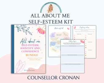 May include: A pink and blue self-esteem kit with the title "All About Me Self-Esteem Kit" and the text "Worksheets to help you find and explore your self-identity".