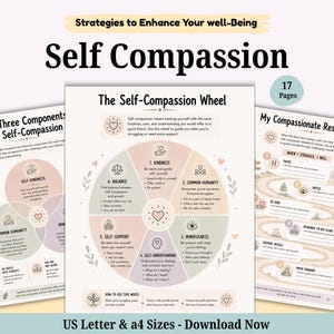 Self-compassion journal, self-care workbook, positive affirmations, therapy journal, therapy worksheets, mental health planner, coping skill