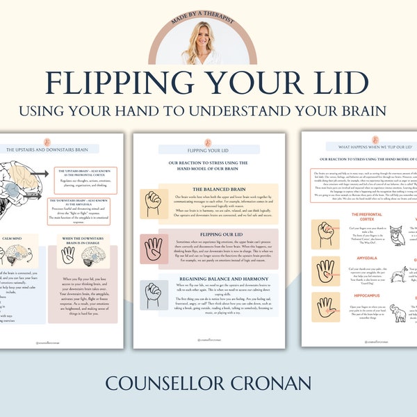Flipping Your Lid Infographic handout for emotional intelligence: self-Regulation sheet, Neuroscience, psychology education. ADHD, therapy