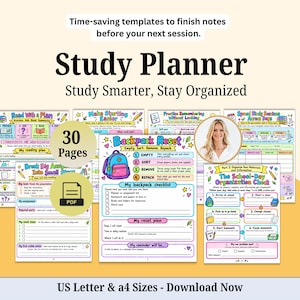 May include: A 30-page digital study planner in PDF format, featuring colorful templates for organizing school tasks, backpack resets, and reading plans. The pages include text headers like Study Planner, Backpack Reset, and School-Day Organization Check.