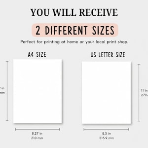 May include: Two white rectangular paper templates labeled A4 SIZE and US LETTER SIZE. The A4 template measures 8.27 inches by 11.69 inches. The US Letter template measures 8.5 inches by 11 inches. Text reads YOU WILL RECEIVE 2 DIFFERENT SIZES.