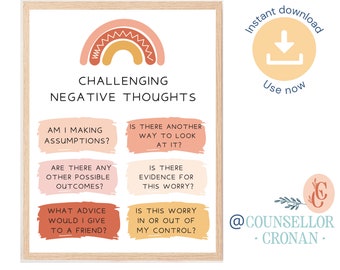 Challenging automatic negative thoughts poster, therapy things, therapy tools, cognitive distortions, mindful thinking, social psychology