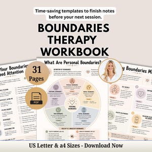 May include: A 31-page digital therapy workbook titled Boundaries Therapy Workbook, featuring sections on personal boundaries, signs needing attention, and why boundaries matter. Includes a circular diagram, checklists, and icons in soft pastel tones.