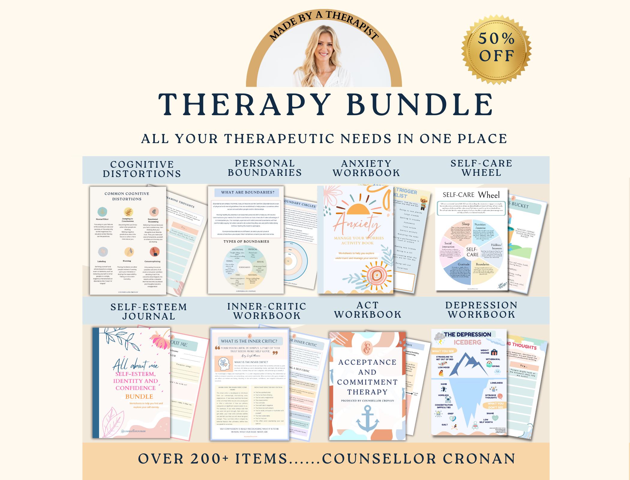 Therapy mega bundle worksheets, counselling tools, psychologist resources, psychoeducation, trauma, depression, anxiety triggers, Dialectics