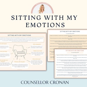 May include: A printable worksheet titled "Sitting with My Emotions" featuring a chair with thought bubbles around it. The worksheet provides tips for managing emotions, including "Create a safe space", "Tune into your body", "Identify and label your emotions", "Reframe your thoughts", "Self-compassion", "Acknowledge your needs", and "Allow and accept".