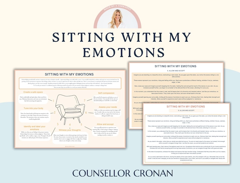 May include: A printable worksheet titled "Sitting with My Emotions" featuring a chair with thought bubbles around it. The worksheet provides tips for managing emotions, including "Create a safe space", "Tune into your body", "Identify and label your emotions", "Reframe your thoughts", "Self-compassion", "Acknowledge your needs", and "Allow and accept".