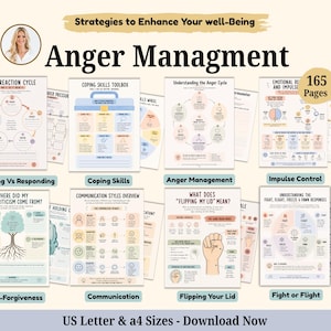 May include: A collection of 165 pages titled Anger Managment, featuring strategies to enhance well-being. The documents include diagrams on the reaction cycle, coping skills, communication styles, and fight or flight responses in US Letter and A4 sizes.