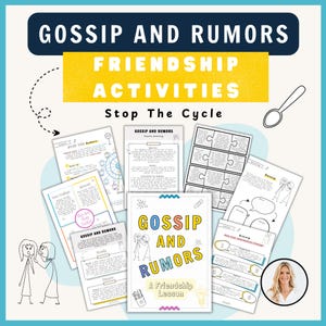 Peut inclure: Ensemble d'activités d'amitié imprimables intitulées "Gossip and Rumors". Le design présente des éléments bleu marine et jaune. Les activités comprennent des feuilles de travail, des puzzles et une leçon d'amitié.
