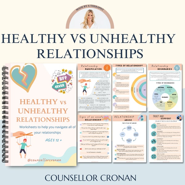 Healthy vs Unhealthy relationships ebook, workbook, teen health, anxiety, depression, break up, cycle of abuse, manipulation, group therapy