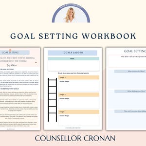 May include: A printable goal setting workbook with a blue and white colour scheme. The workbook includes sections for setting goals, breaking down goals into smaller targets, and identifying resources and challenges.
