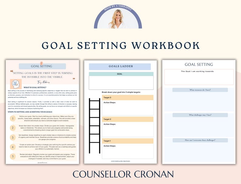May include: A printable goal setting workbook with a blue and white colour scheme. The workbook includes sections for setting goals, breaking down goals into smaller targets, and identifying resources and challenges.