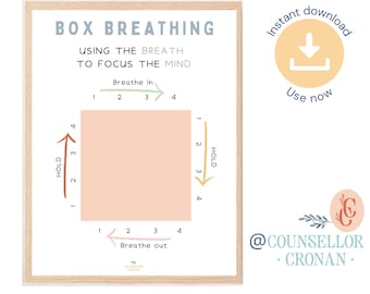 Box breathing poster, mindful breathing print, therapy office decor, therapist office decor, anxiety relief, psychologist room, counselling