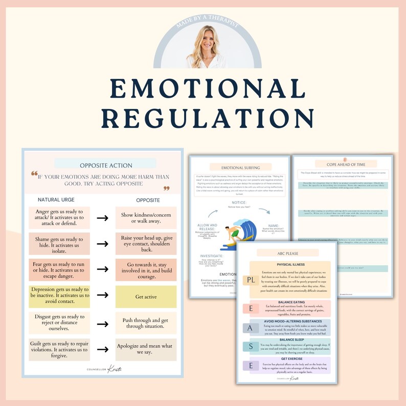 K&ouml;nnte beinhalten: Ein druckbares Arbeitsblatt mit Tipps zur emotionalen Regulierung. Das Arbeitsblatt enth&auml;lt Abschnitte zu "Gegenaktion", "Emotionales Surfen" und "Im Voraus bew&auml;ltigen". Das Arbeitsblatt soll Menschen helfen, ihre Emotionen auf gesunde Weise zu bew&auml;ltigen.