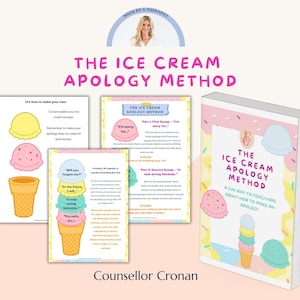 Op de afbeelding: Een kleurrijke boekomslag met de titel "The Ice Cream Apology Method" en een cartoon-ijsje met drie bollen ijs. De boekomslag is roze, geel en groen met een witte achtergrond. De tekst "A fun way to teach kids about how to make an apology" staat ook op de omslag.
