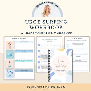 Könnte beinhalten: Ein blaues und weißes Arbeitsbuch mit dem Titel "Urge Surfing: A Transformative Workbook" und dem Text "Made by a Therapist" und "Counsellor Cronan". Das Arbeitsbuch hat eine Spiralbindung und zeigt ein Wellendesign.