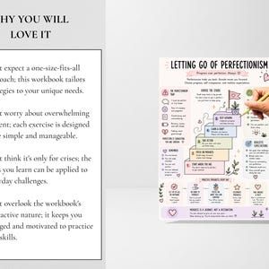 May include: A white informational sheet titled Letting Go of Perfectionism featuring a colorful staircase illustration with numbered steps, various icons, and text prompts. The sheet includes sections on choosing stairs, realistic expectations, and daily progress.