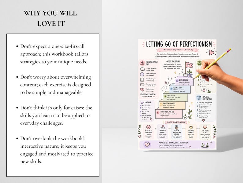 May include: A white informational sheet titled Letting Go of Perfectionism featuring a colorful staircase illustration with numbered steps, various icons, and text prompts. The sheet includes sections on choosing stairs, realistic expectations, and daily progress.