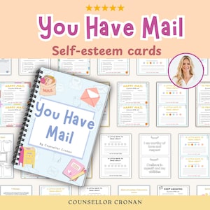 May include: A spiral-bound notebook and self-esteem cards with the text "You Have Mail." The notebook cover is light blue with illustrations of mail-related items. The cards feature prompts for positive self-reflection and are designed by Counsellor Cronan.
