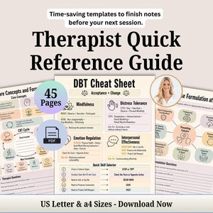 May include: A digital therapist quick reference guide featuring 45 pages of CBT and DBT templates. The documents include a CBT cycle, DBT cheat sheet, and case formulation charts with pastel-colored icons and text. Includes US Letter and A4 sizes.