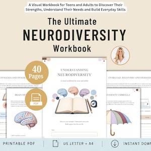Puede incluir: Un cuaderno de ejercicios sobre neurodiversidad de 40 páginas para adolescentes y adultos con ayudas visuales, ilustraciones de cerebros y un paraguas. La portada muestra el título The Ultimate NEURODIVERSITY Workbook e incluye secciones sobre dislexia, disgrafía y desarrollo cerebral.