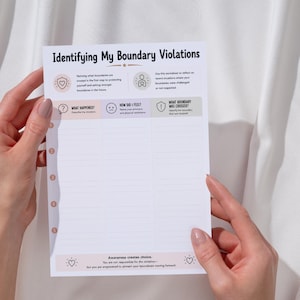K&ouml;nnte beinhalten: Ein wei&szlig;es Arbeitsblatt mit dem Titel Identifying My Boundary Violations mit drei Spalten, die als What Happened, How Did I Feel und What Boundary Was Crossed beschriftet sind. Das Dokument enth&auml;lt nummerierte Zeilen, Symbole und den Text Awareness creates choice am unteren Rand.