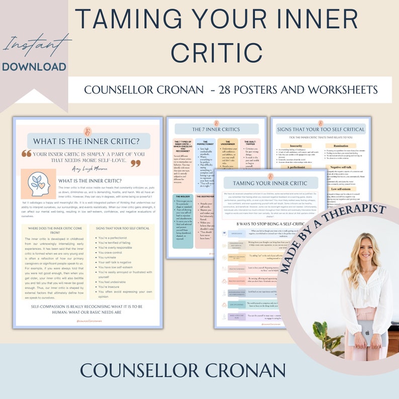 Inner critic workbook, self help, self healing, mental health journal, self love, thought challenging, emotional wellness, therapy tools image 1
