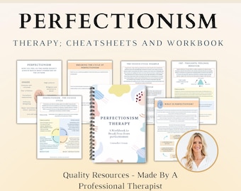 May include: A digital download for a workbook titled "Perfectionism Therapy: Cheatsheets and Workbook". The workbook is designed to help people break free from perfectionism. The cover of the workbook features a colourful abstract design with a spiral binding. The workbook is made by a professional therapist.