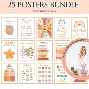 May include: A set of 25 colorful posters for children with themes such as mindfulness, breathing exercises, and coping strategies. The posters feature illustrations of rainbows, stars, and brains. The text on the posters includes phrases like "Mindful Square", "Think", "Grow Your Mind", "Calming Strategies", and "Happy Chemicals".