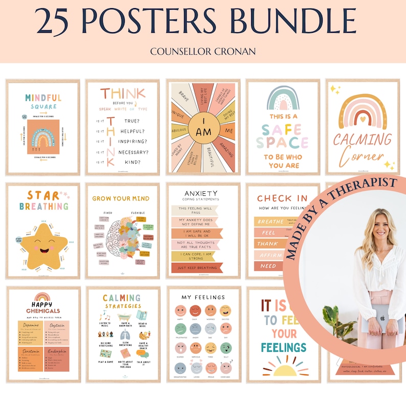 May include: A set of 25 colorful posters for children with themes such as mindfulness, breathing exercises, and coping strategies. The posters feature illustrations of rainbows, stars, and brains. The text on the posters includes phrases like "Mindful Square", "Think", "Grow Your Mind", "Calming Strategies", and "Happy Chemicals".