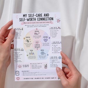 May include: A white paper chart titled My Self-Care and Self-Worth Connection featuring a central pastel-colored wheel divided into five sections labeled Physical, Emotional, Mental, Social, and Spiritual, with lists of self-care tips and reflection prompts.