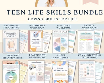 May include: A collage of colorful worksheets for teens on coping skills for life. The worksheets cover topics such as emotional processing, boundaries, self-care, anxiety, healthy relationships, reacting vs responding, anger management, and communication. The text "TEEN LIFE SKILLS BUNDLE" and "COPING SKILLS FOR LIFE" is at the top of the image. The text "OVER 300+ ITEMS...COUNSELLOR CRONAN" is at the bottom of the image.