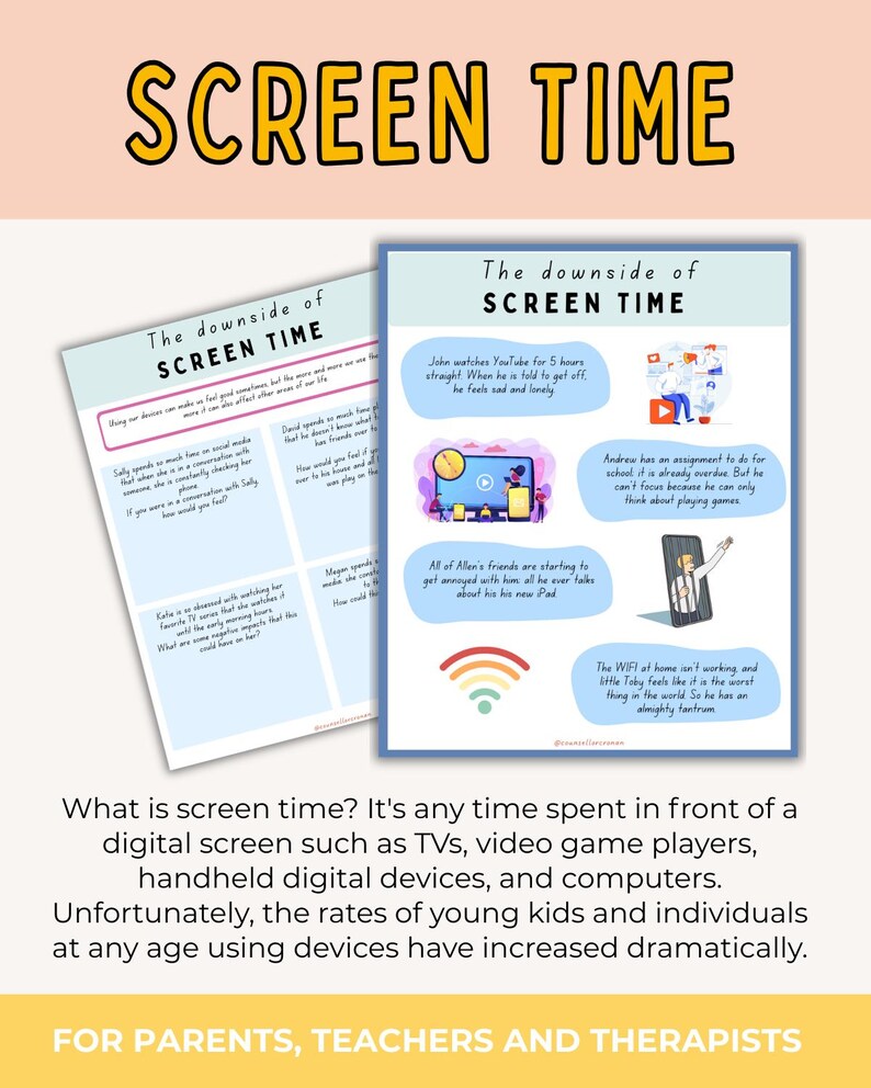 Screen time addiction worksheets, kids therapy, child therapist, psychologist resources, parenting tool, screen time, kids feelings. Planner image 5