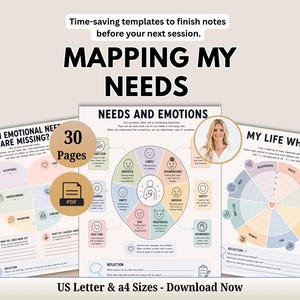 May include: A set of 30 printable PDF pages titled Mapping My Needs, Needs and Emotions, and My Life Wheel. The documents feature pastel-colored diagrams, emotional check-in charts, and reflection prompts in US Letter and A4 sizes for personal use.
