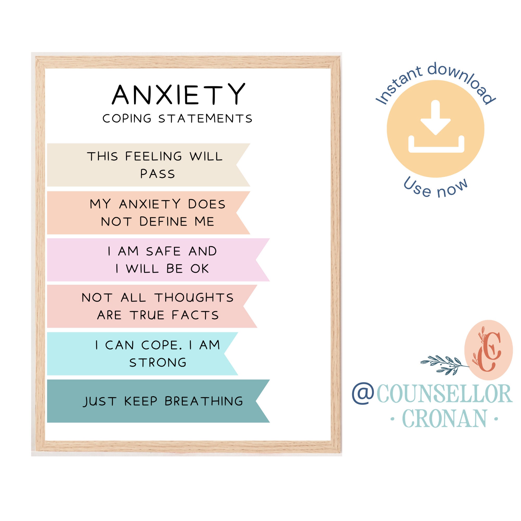 Anxiety coping strategies, therapy office decor, anxiety affirmations, mental health print, psychology, social psychology