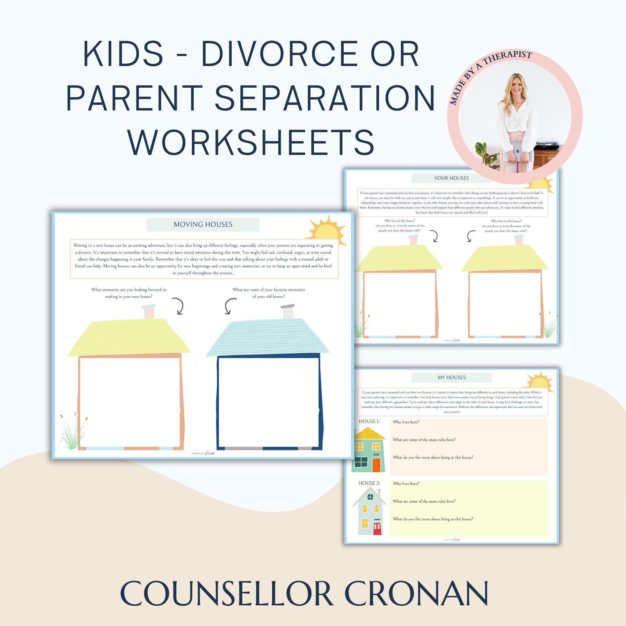 Parent separation or divorce worksheets for kids, my houses, therapy resources, social-emotional learning, positive mindset, change for kids