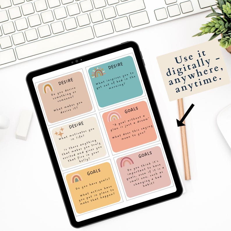 May include: A digital tablet displaying colourful cards with questions about desire and goals. The text on the cards includes phrases like "What motivates you in life?" and "Do you have goals?" The tablet is on a white surface with a pencil and a sign that says "Use it digitally - anywhere, anytime."
