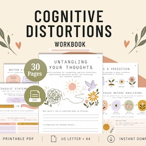 May include: A Cognitive Distortions Workbook printable PDF featuring 30 pages in US Letter and A4 sizes. The cover displays the title, a tangled line, a sun, a bird, and flowers. Interior pages include sections for untangling thoughts, should statements, and reflection.