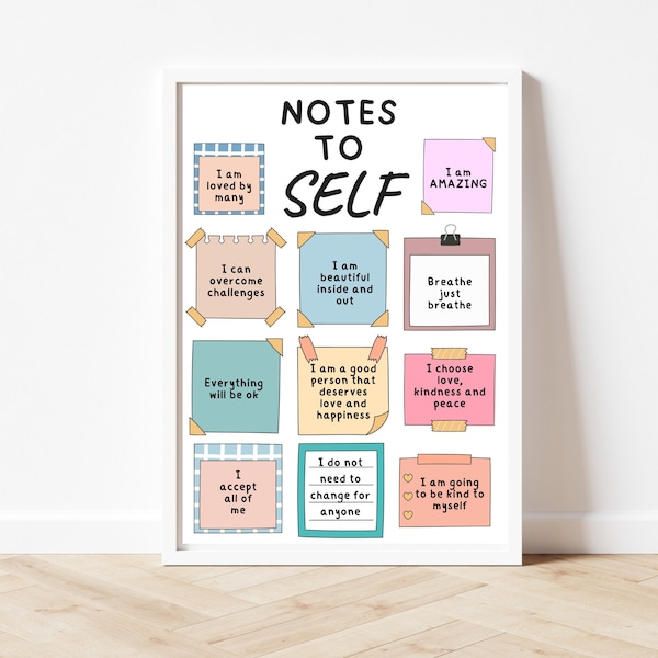 Notes to self, daily affirmations, teen mental health, therapy office decor, self love, therapist poster, social psychology, calming corner