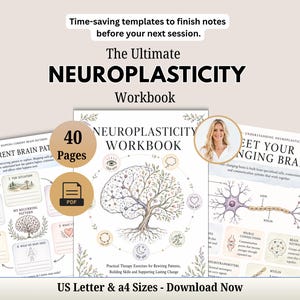 Può includere: Un quaderno di esercizi digitale in PDF di 40 pagine intitolato The Ultimate Neuroplasticity Workbook, con un'illustrazione centrale di un albero cerebrale, diagrammi di connessioni neurali e modelli per appunti in formato A4.