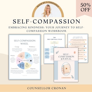 Self-compassion journal, self-care workbook, positive affirmations, therapy journal, therapy worksheets, mental health planner, coping skill