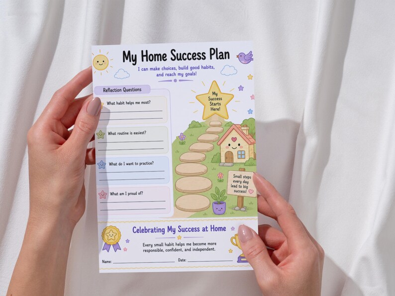 Pu&ograve; includere: Un foglio di lavoro My Home Success Plan con un sentiero di pietre che porta a una casa, una stella gialla con la scritta My Success Starts Here, domande di riflessione e una sezione per celebrare il successo con righe per nome e data.