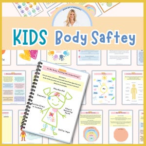 Può includere: Un quaderno a spirale con un disegno di un bambino che mostra sintomi fisici di paura, tra cui mal di testa, sudore, farfalle nello stomaco, battito cardiaco accelerato e gambe molli. Il quaderno è circondato da altri materiali didattici con il titolo "KIDS Body Saftey".
