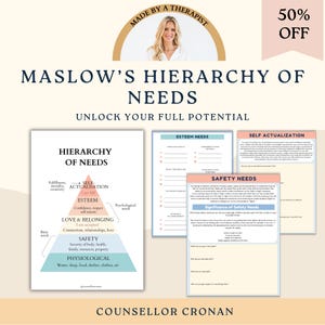 Maslow's zelfhulpwerkboek voor therapie met hiërarchie van behoeften. Therapiebronnen. Genezing en zelfzorg. Zelfontdekking. Zelfrealisatie. Waardering