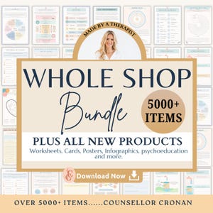 Peut inclure: Un ensemble numérique de ressources en santé mentale comprenant des fiches, des cartes, des affiches et des infographies. Le texte indique WHOLE SHOP Bundle 5000+ ITEMS PLUS ALL NEW PRODUCTS. Worksheets, Cards, Posters, Infographics, psychoeducation and more.