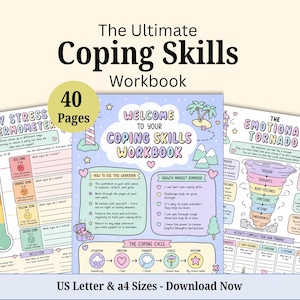 May include: A 40-page digital workbook titled The Ultimate Coping Skills Workbook, featuring pastel-colored activity sheets including My Stress Thermometer, a welcome page, and The Emotional Tornado, available in US Letter and A4 sizes for download.