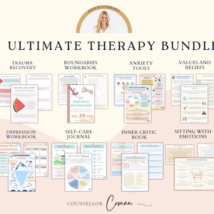 May include: A collection of printable therapy workbooks and journals. The workbooks cover topics such as trauma recovery, boundaries, anxiety, values and beliefs, depression, self-care, inner critic, and sitting with emotions. The workbooks are designed to help people manage their mental health and well-being.